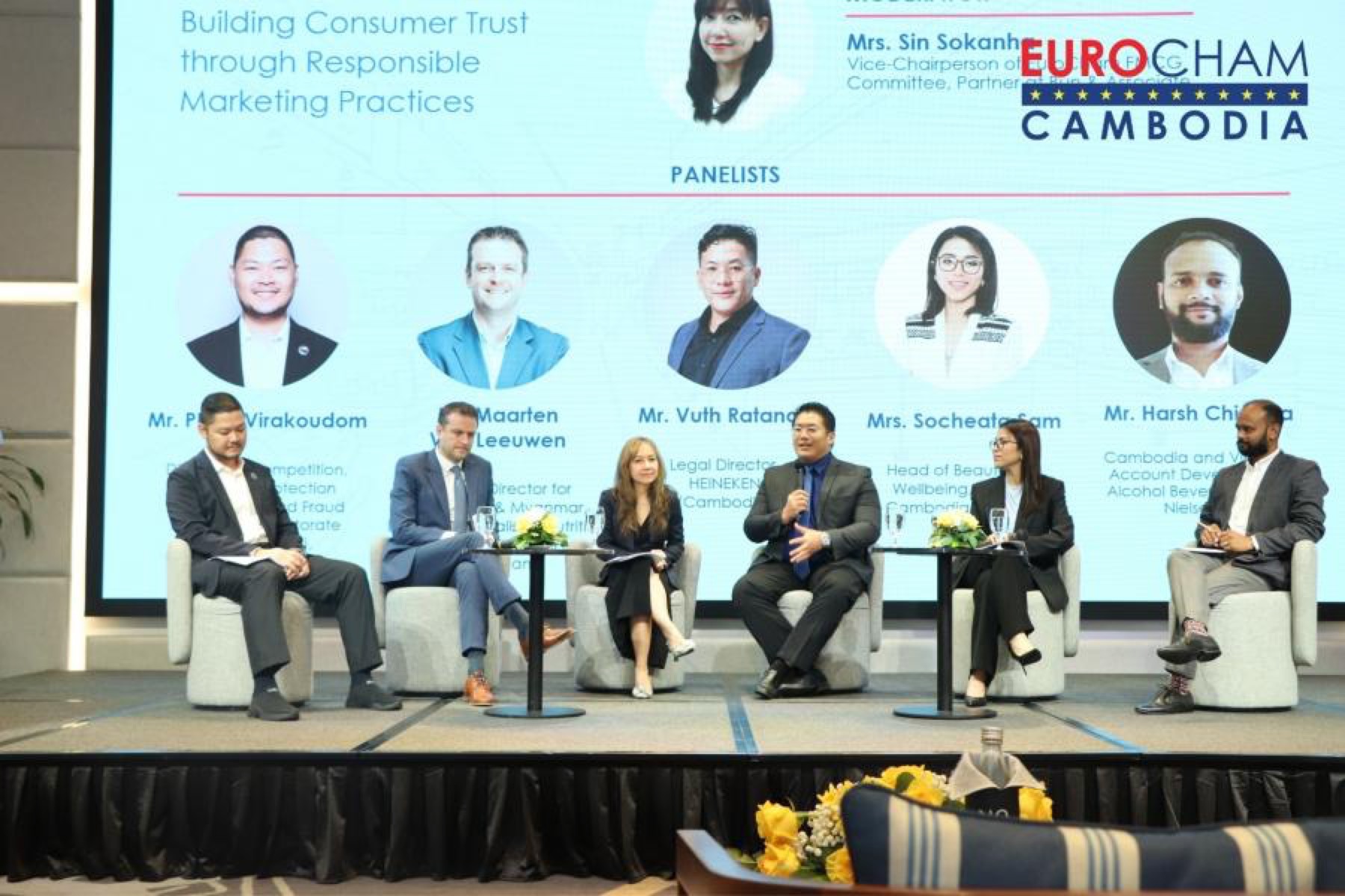 A six-person panel on stage at a EuroCham Cambodia session on responsible marketing practices